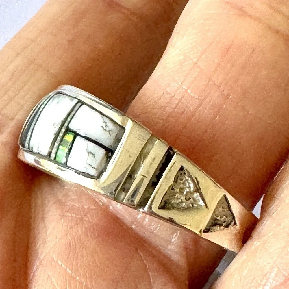 Navajo Wedding Band Sz 13 Inlay Ring Opal White Buffalo 10mm Mens Signed Tolino